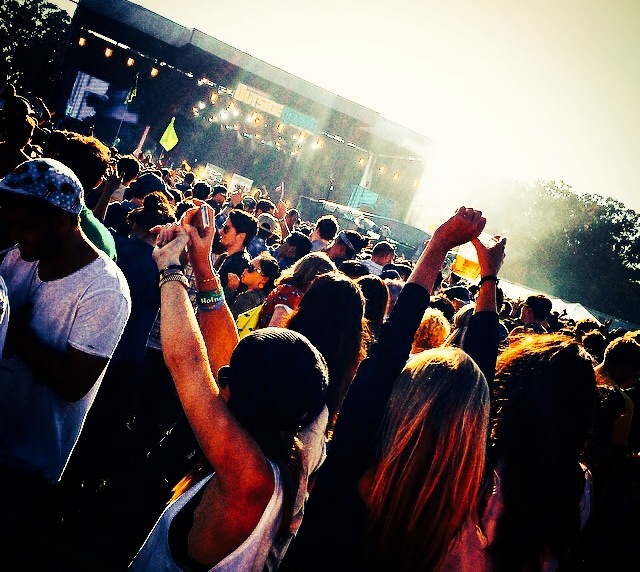 A group of people waving their arms at a concert