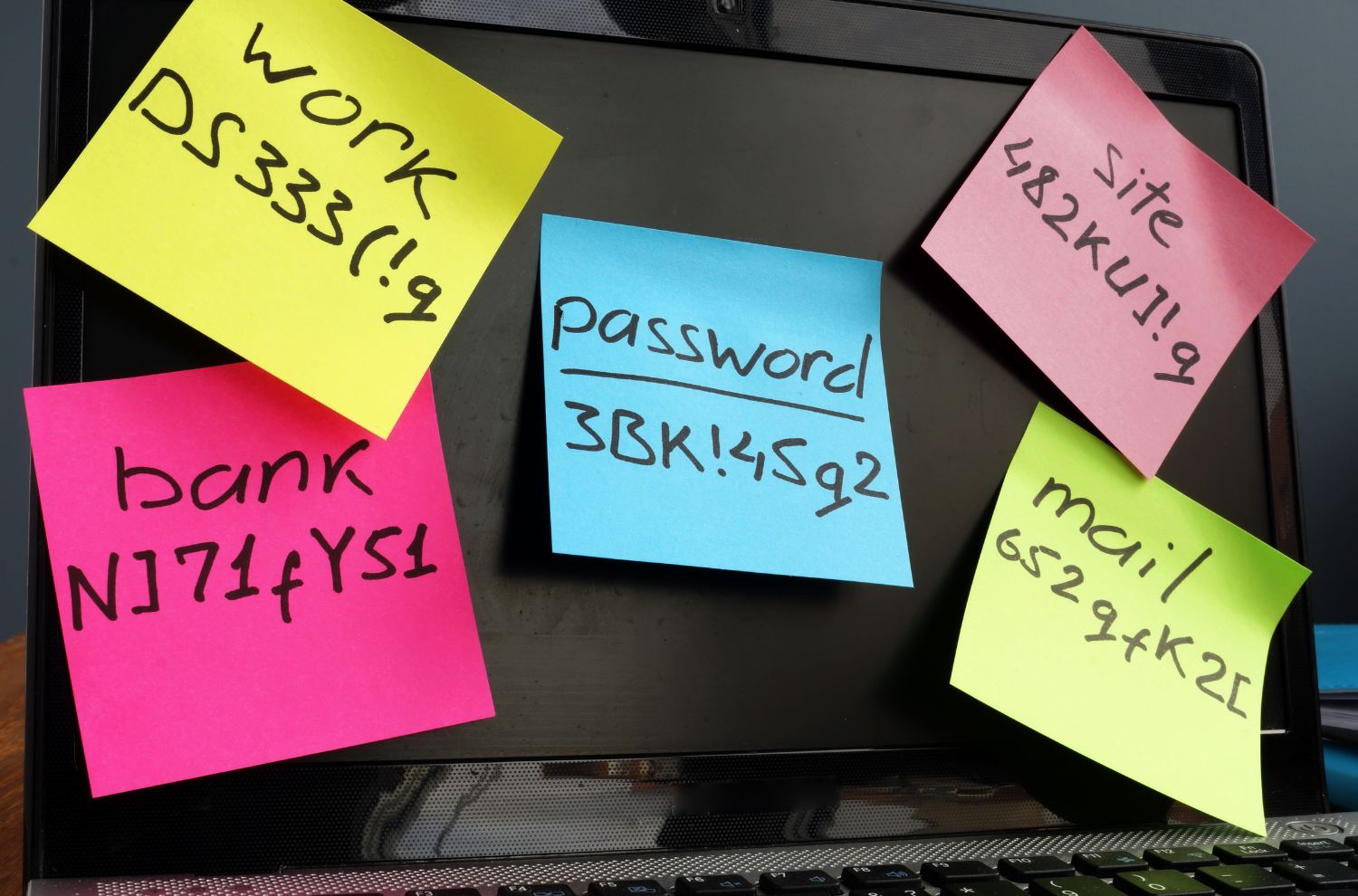 Passwords written on various colored Post-It notes stuck to a desktop computer